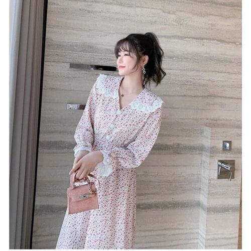 Women Chiffon Dress 2021 Spring Autumn Fashion Long Sleeve Vintage Floral Print Peter Pan Collar Casual Dresses Vestidos Y572