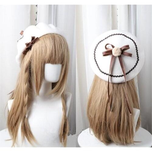 Lolita Berets Wool Blend Hat Girls Bow Ribbon Pom Pom Ball Lady Sailor Style Students Cap D270