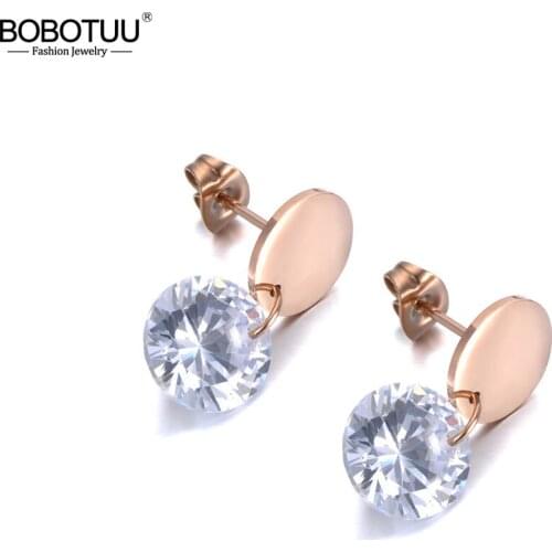 BOBOTUU New Titanium Stainless Steel Sparkling CZ Crystal Stud Earrings Fashion Office Style Ear Jewelry For Women Girls BE19154