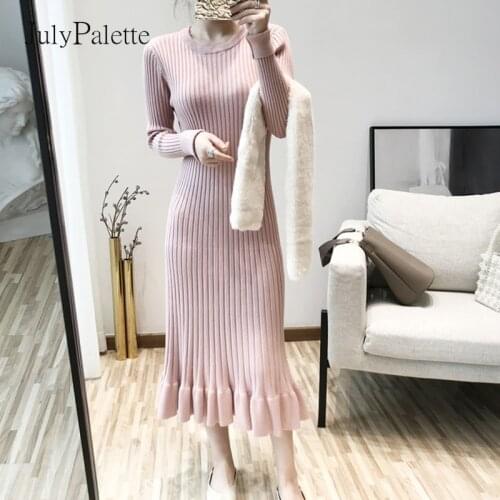 JulyPalette Elegant Ladies Mermaid Knitted Dress 2021 Autumn Winter Thicken Long Sleeve Women Warm Sweater Dress Solid Color