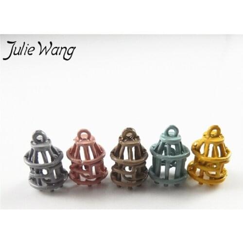 Julie Wang 5PCS Multi Color Little Cute Hollow Cage Locket Shape Charms Making Women Girl Keychain Bangle Dangle Finding 18*12mm
