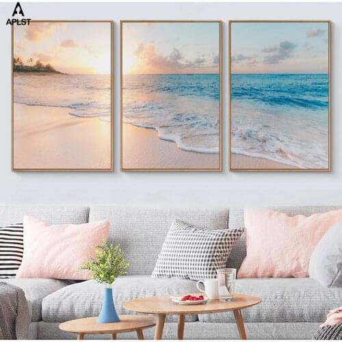 Nordic Sea Beach Sunrise Print Canvas Painting Large Panel Wall Art Seascape Picture Poster for Living Room Bedroom Decoration