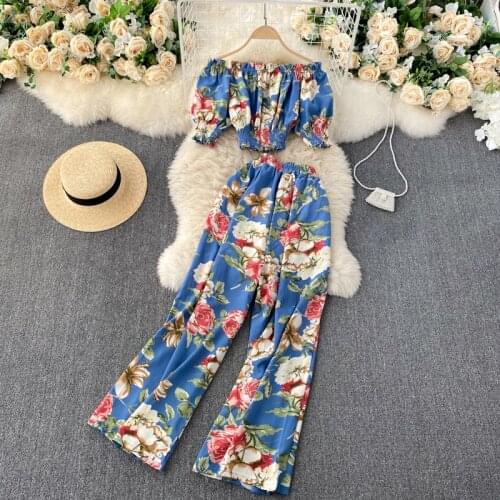 2021 Summer Holiday Flower Printted 2 piece set Elastic Short Sleeve Slash Neck Collar Tops and High waist Wide leg pants Suits