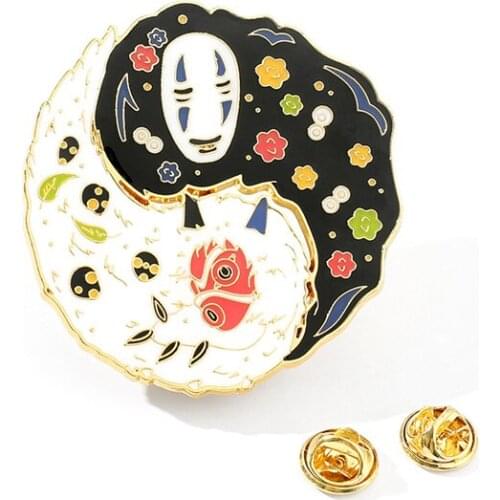 Miyazaki Hayao Anime Figure No Face Man Yin Yang Tai Chi Brooch Black White Japanese Cartoon Round Brooches Pins Badges Jewelry