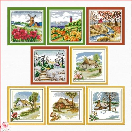 Joy Sunday Landscape Cross Stitch Kit DIY Pattern Four Seasons Embroidery 11CT 14CT Needlework Sewing Kit Home Deco Painting