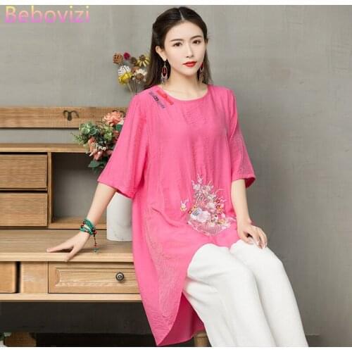 2021 New Loose Retro Embroidery Red Purple Summer Han Fu Traditional Chinese Clothing for Women Hanfu Tang Tops Blouse