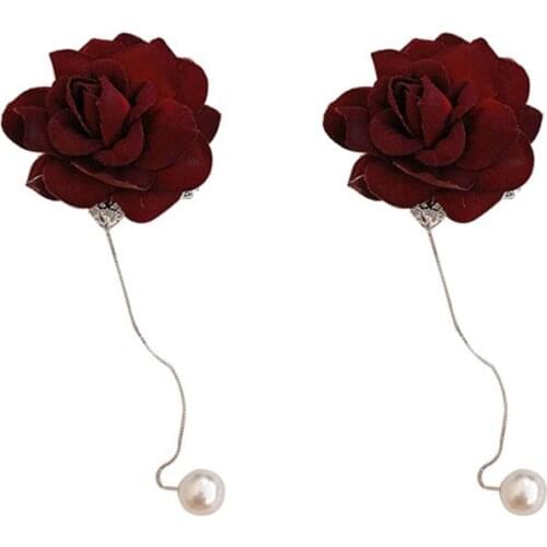 New Elegant Red Rose Velvet Drop Earrings Long Ear Line Pearl Earrings For Women Wedding Bride Jewelry