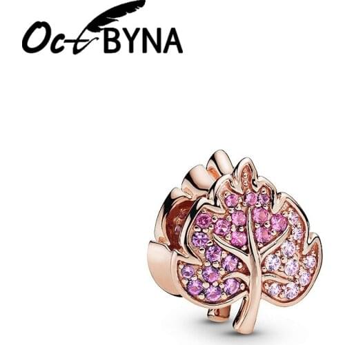 Octbyna Rose Gold Crystal Tree Pendant Maple Leaf Leaves Big Hole Bead Fits Pandora Bracelet Necklace For Women Making Jewelry