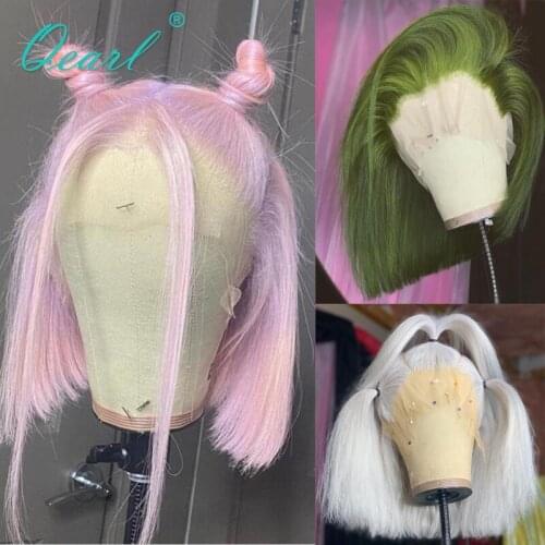 Straight Human Hair Wigs Icy White Blonde Lace Part Wig Short Bob Cut Pink Green Colored Transparent Virgin Hair 150% Qearl