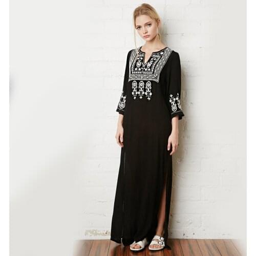 Khale Yose Floral Embroidery Dress V-Neck Black Vintage Maxi Dresses Cotton Holiday Boho Chic Ethnic Split Beach Women Clothing