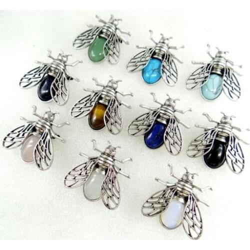 Natural stone Pendant mix Turquoise lapis lazuli Quartz crystal animal bee Archaize silver brooch Pendant Jewelry making 10pcs