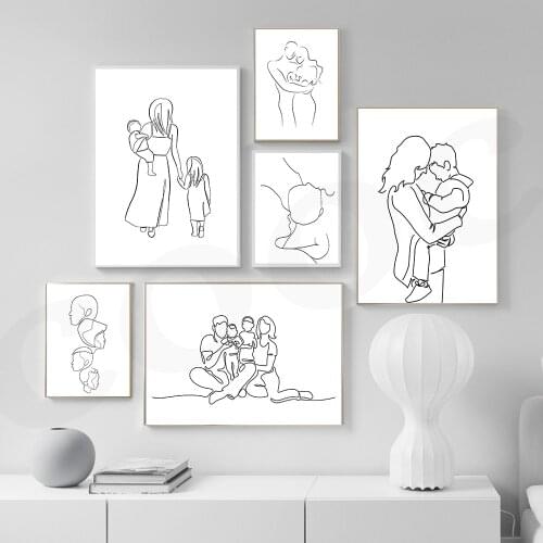 Family Together Line Draw Art Painting Modern Canvas Poster Print Minimalist Wall Art Pictures for Living Room Home Decor