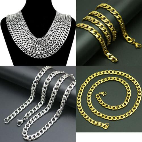 Silver Gold Link Curb Chain Mens Titanium Stainlee Steel Figaro Flat O Link Chain,3-9MM Wide Big Necklaces women Wholesale