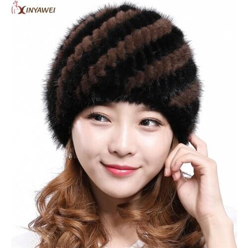 Natural mink hat ladies wool knitted mink wool hat warm fashion winter thick mink beautiful wool hat