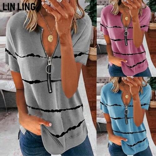 LINLING Womens T-shirt Pure Color Stripe Zipper Short Sleeves Oversized T-shirt Striped T-shirts Woman Clothes