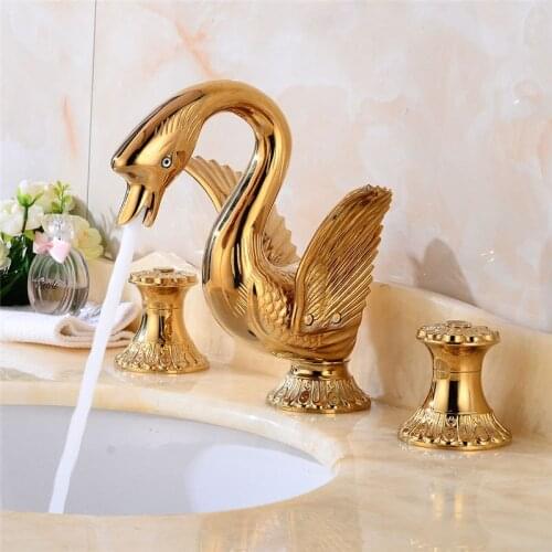 Bathroom Basin faucet Total Brass Sink Mixer Tap Hot and Cold Gold Swan Faucet Bathroom Crane Carving Dual Handle Lavatory Tap