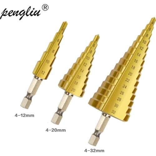 3PCS Step Drill Bit 4-12/4-20/4-32mm HSS Steel Cone Titanium Coated Cut Tool Set Hole Cutter Metric Pagoda Shape
