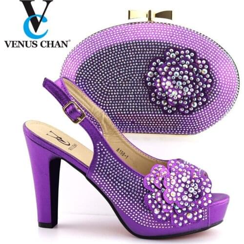 Purple Wedding Italian Shoes with Matching Bags Set Decorated with Rhinestone African Shoes for Women High Heels Party Pumps