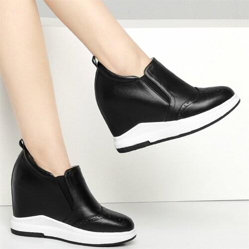 Fashion Sneakers Women Slip On Genuine Leather Wedges High Heel Ankle Boots Female Round Toe Platform Pumps Shoes Casual Shoes