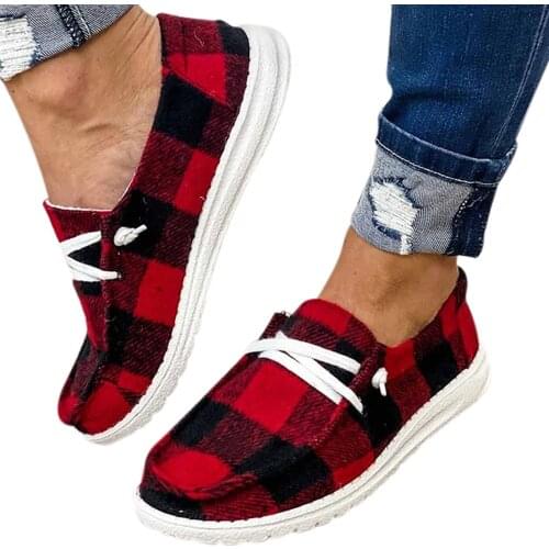 Comfortable Buffalo Plaid Slip On Shoes Flat Sole Casual Canvas Shoes for Women Christmas -B5