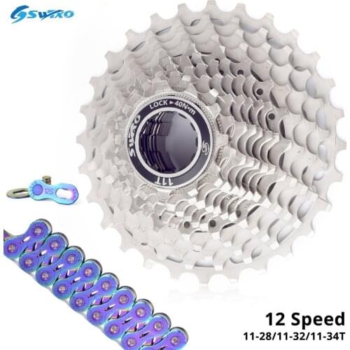 SWTXO UltraLight Road Bike 12 Speed Cassette 11-28/32/34T Gravel Bike 12 Speed Rainbow K7 12V Spocket SUMC 12SL Chain for HG
