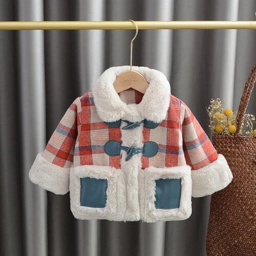 Plaid Velvet Warm Jackets Outerwear for Baby Girls Clothing 1st Birthday Woolen Coats Winter Newborn Baby Girls Clothes Outfits