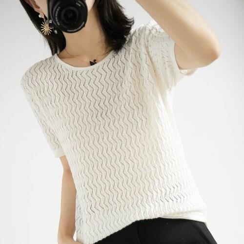 Womens T-shirt 2021 summer new style casual solid color 100% cotton short-sleeved hollow pullover womens top plus size tees