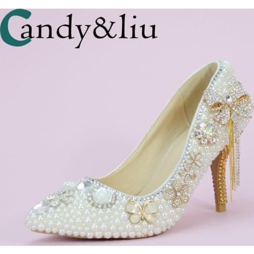 White Pearl Wedding Shoes Crystal Flowers Gold Sequin Thin Heel Beaded Tassel Women Pumps for Party Banquet Handmade Pointed Toe