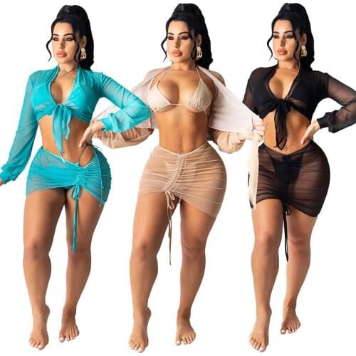 Summer 2021 Mesh Sheer Sexy Two Piece Set Women Long Sleeve Crop Top Mini Skirt Sets Beach Sun-proof Beach Cover (No Bikini)