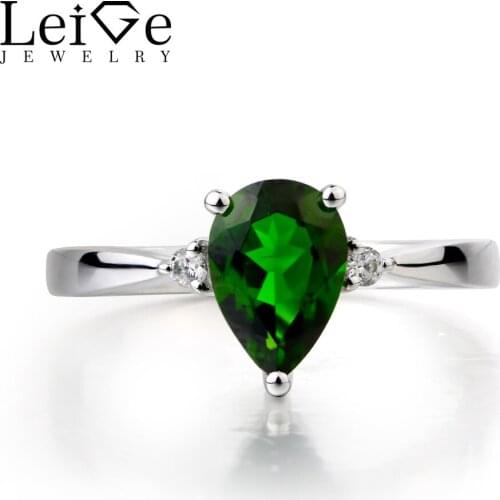 Leige Jewelry Diopside Wedding Ring Real Natural Chrome Diopside Ring Pear Cut Green Gemstone Solid 925 Sterling Silver Gifts