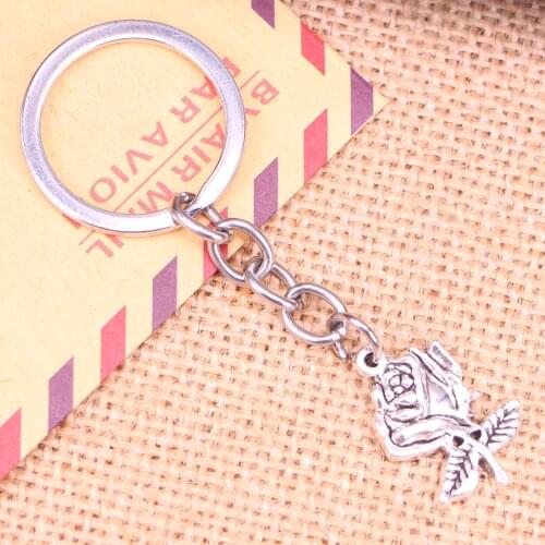 20pcs New Fashion Keychain 25x17mm flower rose Pendants DIY Men Jewelry Car Key Chain Souvenir For Gift