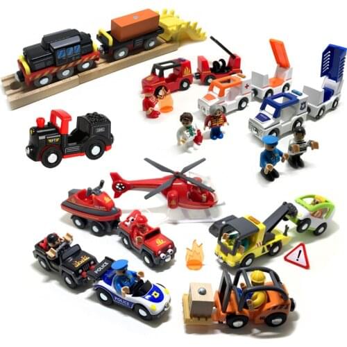 Acousto-optic Helicopter Police Ambulance Fire Engineer Car for Children Toys Santa Claus Car set Wooden track scene toy train