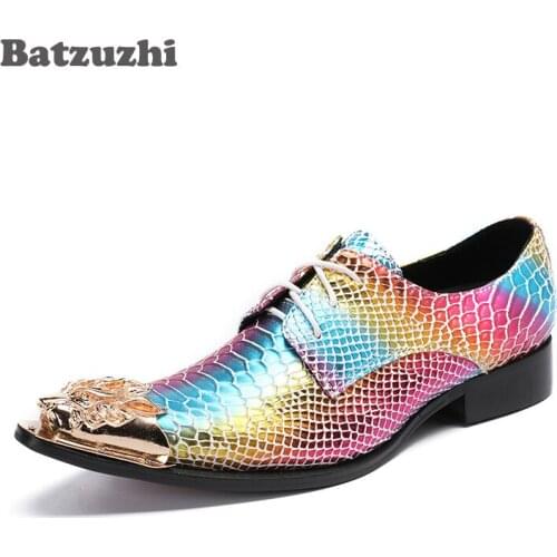 Batzuzhi Punk Rock Mens Shoes Gold Metal Toe Colorful Leather Mens Dress Shoes Personality Party and Wedding Shoes for Men, 46