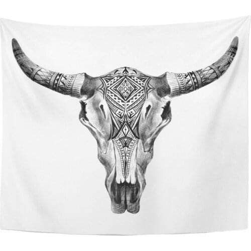 Bull Aztec Longhorn Skull Cow Tribal Western American Animals Tapestry Home Decor Wall Hanging for Living Room Bedroom Dorm