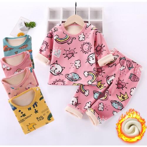 Childrens Plus Velvet Warm Clothing Sets 2-8y Baby Boys Thickened Long Sleeve Clothes Girls Pajamas Suit Kids Thermal Underwear