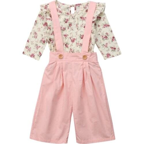 Girls Clothes Kids Baby Long Sleeve Floral T-shirt Tops+Pink Overall Wide Leg Pant Trouser 2PCS Clothing Set