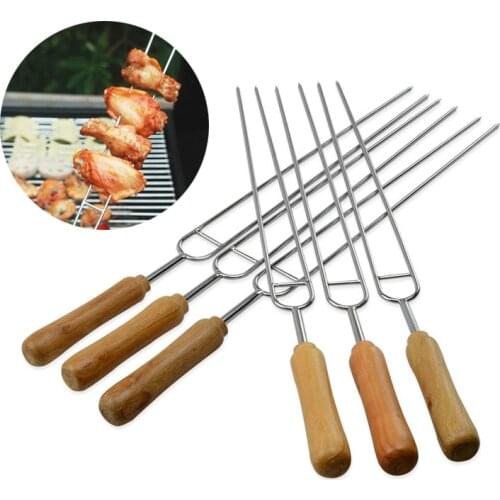 6pcs Stainless Steel BBQ Fork Needle with Wooden Handle Row U BBQ Roast Barbecue Skewers Picnic Camping Tools BBQ Accessories