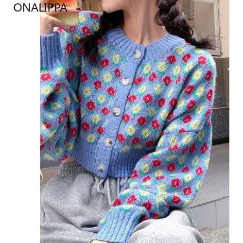 ONALIPPA Japanese Sweet Lovely Flower Thin Knitted Cardigan Women 2021 Spring Autumn New Retro Gentle Style Cropped Sweater