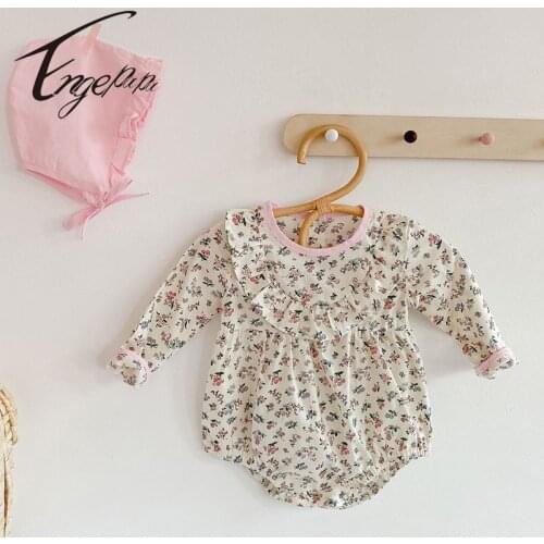 Engepapa Newborn Baby Girls Flower Jumpsuit+Hat Korean Style Spring Autumn Toddler Baby Girl Cotton Long Sleeve Romper