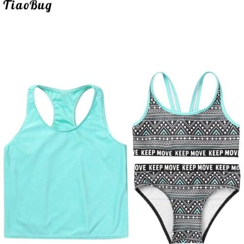 TiaoBug Summer 3Pcs Kids Girls Swimming Suit Round Neck Sleeveless Racer Back Vest Tops And Briefs Set Beach Bikini Swimwear