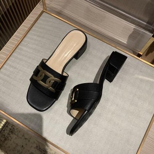 Shoes Women Female Slippers Low Slides Heeled Mules Fashion Square Toe Soft 2021 Summer High Luxury Sexy Fabric Basic PU Rome R