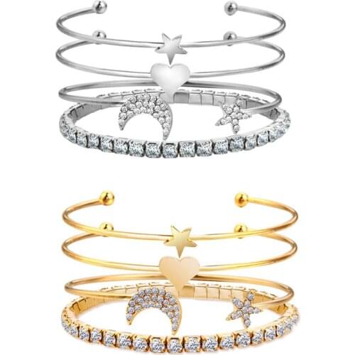 Ofertas Ladies 4pcs/ Set Ladies Star Moon Heart White Zirconia Gold/Silver Color Alloy Opening Bracelet Set for Women