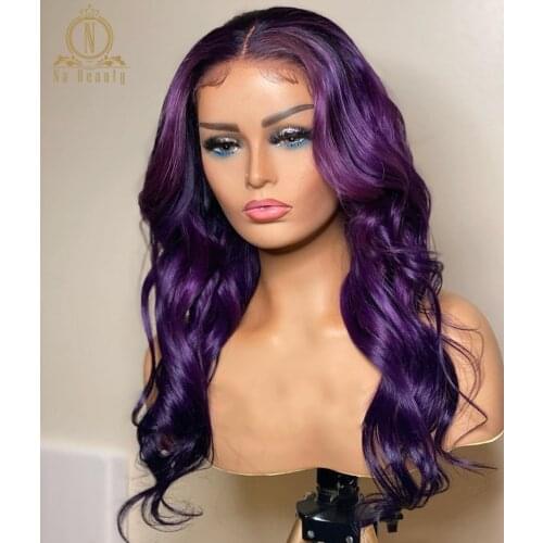 Violet Purple Color Wig Water Wave T Part Lace Human Hair Wigs Pre Plucked HD Transparent 13x1 Lace Wig for Black Women NaBeauty