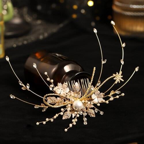 Hand-woven gold leaf crystal hair with comb earrings for bridal wedding ornaments LB