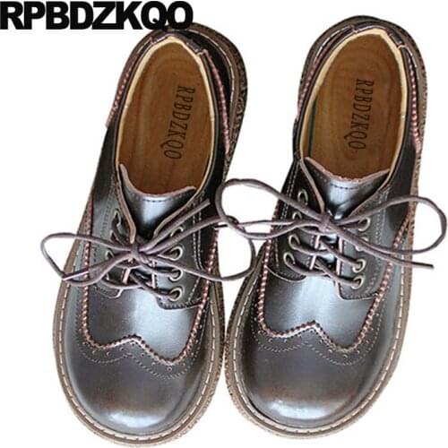 Wide fit shoes ladies japanese women comfortable genuine leather vintage school brogue flats brown chinese spring autumn lace up