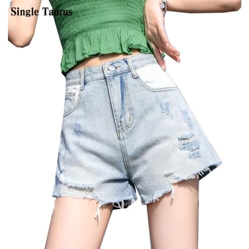 Female Jeans Shorts 2021 Summer Casual Sport Streetwear High Waist Washed Ripped Hole Loose Short Mini Denim Blue Ropa Mujer