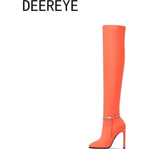 Fashion Women Stretchy Super High Heel Stilettos Long Over The Knee Boots Metal Chain Pointed Toe Multi-Colors Shoes Size 34-43