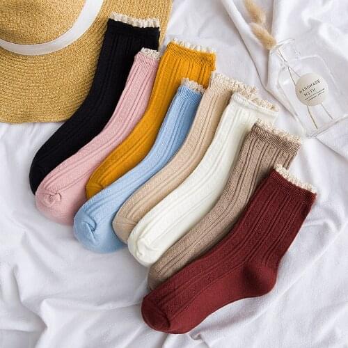 2019 Women Socks Autumn New Fashion Lace Socks Cotton Solid Color Cute Women Fashion Lady Long Socks Japan College Style