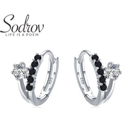 SODROV Genuine 3.5g 925 Sterling Silver Earrings Hoop Earrings for Women Black Spinel Silver 925 Jewelry I109