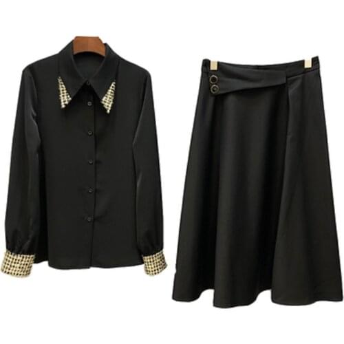 High Quality Skirt Suits 2021 Autumn 2 Piece Sets Women Color Block Wool Patchwork Long Sleeve Shirts+Black Skirt Sets & Suits